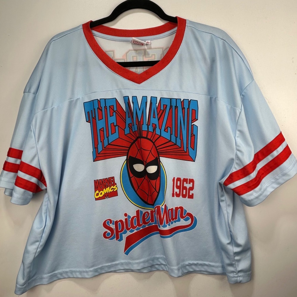 Marvel The Amazing Spider-Man Jersey Light Blue Red Mesh Crop Top XL Graphic